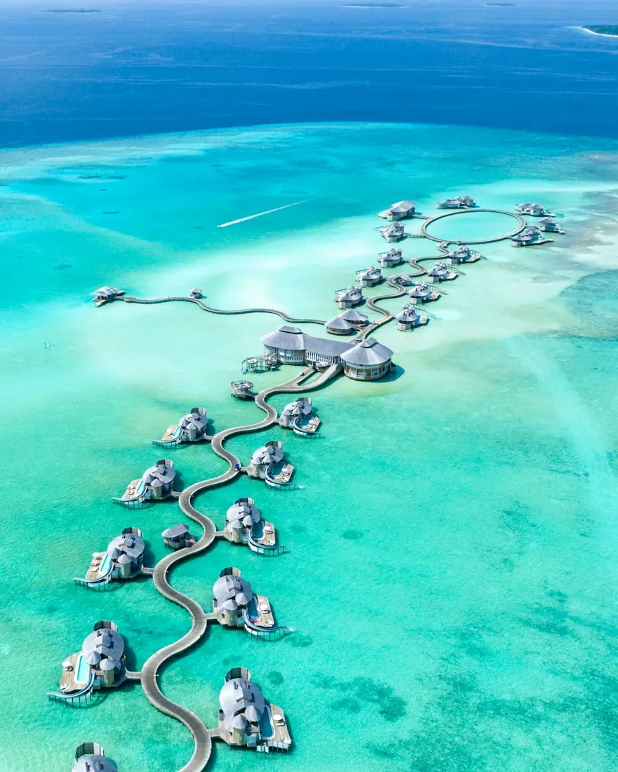Aerial view of overwater villas